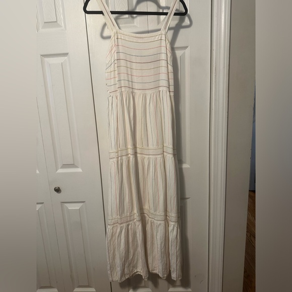 LOFT white tiered maxi dress with multicolored thread stripes, zippered up back. - Picture 1 of 3